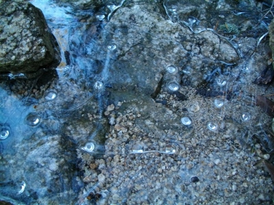 Ice formed in the stream bed, frozen drops under the icy crust.