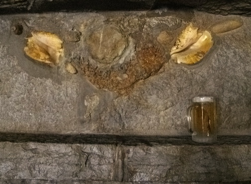 The fireplace mantel is decorated with crystals and conch shells. The chimney is a natural fissure in the rock overhead.